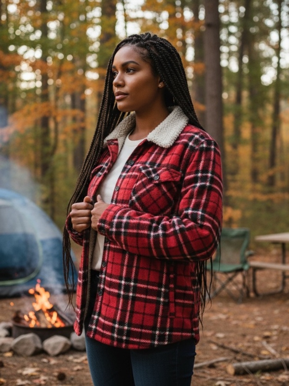 Soho Threads Shaket Plaid Red Sherpa Collar Jacket for Women